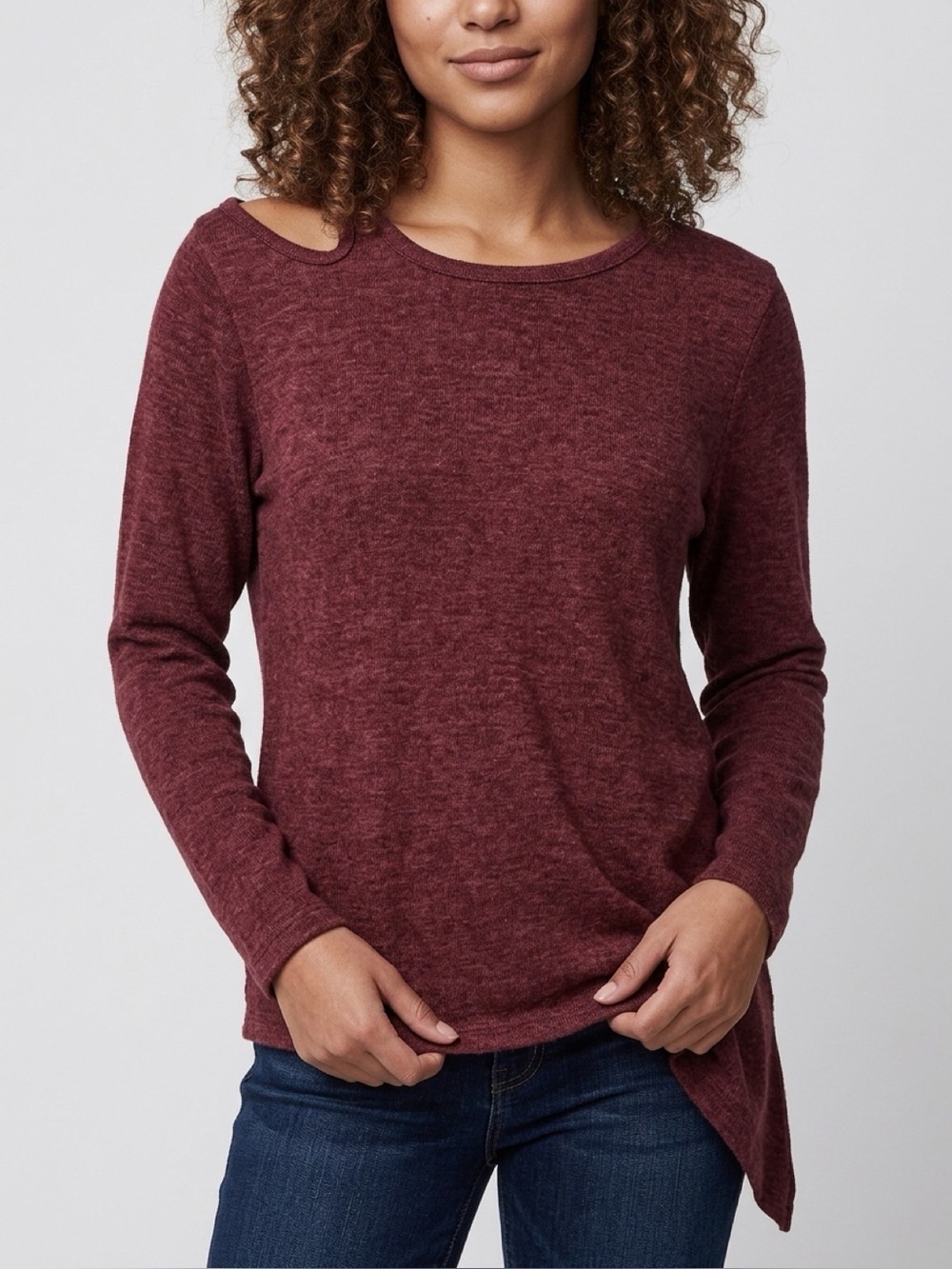 Democracy Burgundy Long Sleeve Asymmetrical Cold Shoulder Beaded Trim Top